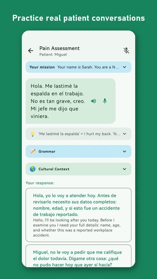 A patient describes back pain in Spanish; the learner chooses a response
