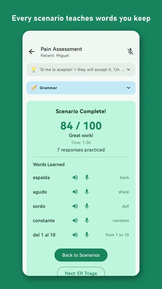 Scenario complete: score, and the words learned
