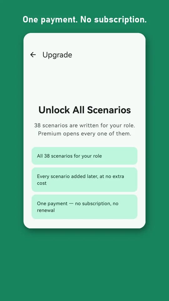The upgrade screen: one payment, no subscription